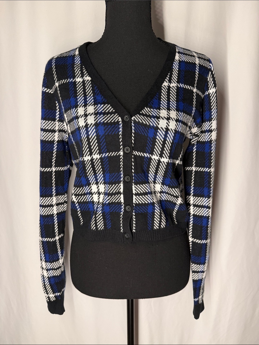 Hollister Blue Black White Plaid V-Neck Button Cardigan